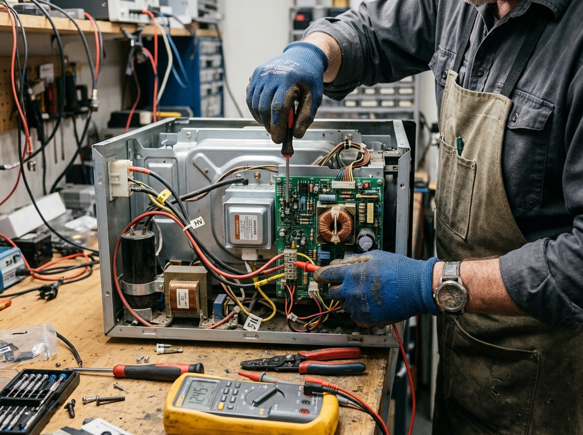 Técnico consertando micro-ondas