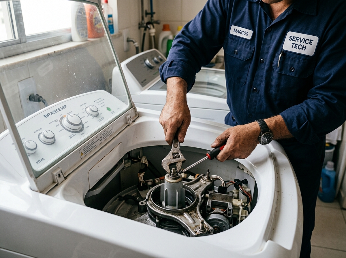 Técnico consertando máquina de lavar